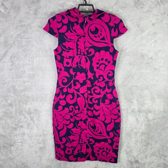 Womens Talbots Pink & Navy Floral Sheath 100% Linen Dress Cap Sleeve Size 4 - Picture 6 of 9